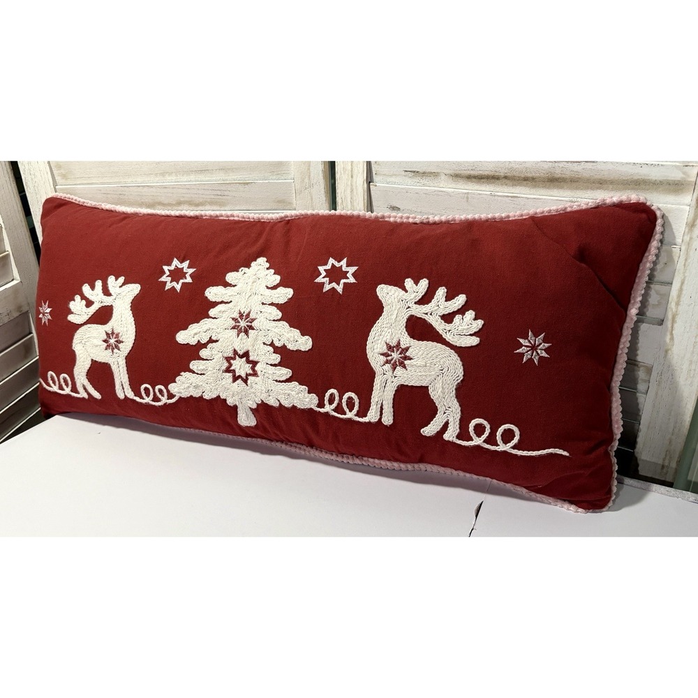 Secret Celebrity Christmas Tree Reindeers Red White Embroidered 14x32 Pillow